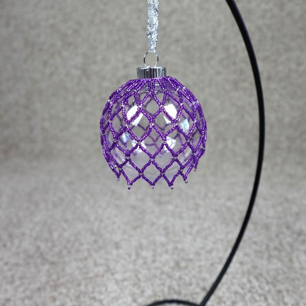 Hand Beaded Purple Lattice Clear Acrylic Christmas Ornament Bauble Silver Ribbon